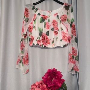 White crop top with pink printed roses